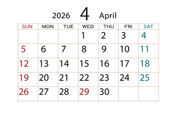 2026年カレンダー4月(2)