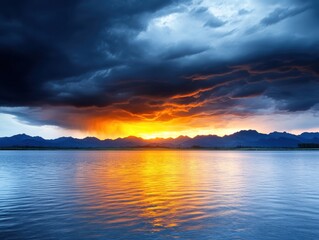 Dramatic sunset over lake with storm clouds