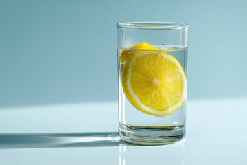 Vibrant studio photo of lemon-infused water in a clear glass, isolated on white, ideal for culinary or wellness-focused imagery.