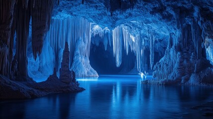 Mysterious cave lake, illuminated by blue light. Stalactites and stalagmites decorate the cavern's walls