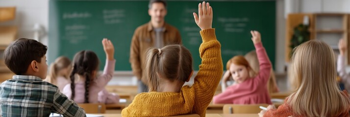 Elementary students raising hands in class