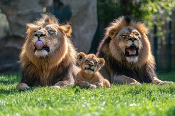 Obraz premium A lion and its cubs lying in the grass, one of them yawning