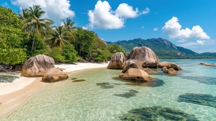 Tropical paradise beach scene with granite boulders.