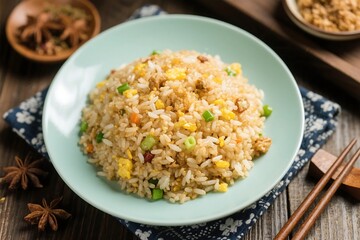 Nasi goreng, fried rice with eggs and veggies, a delicious Indonesian dish great for food blogs, recipes, and cultural content. AI Generated