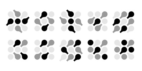 Abstract connected circles and dots icon. Integrate innovate logo, vector technology shape. Neuron Nano molecula, artificial brain symbol. Network science data, metaball design. Organic medical liquid