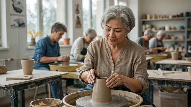 Senior Asian woman shaping a jug on a pottery wheel in a class  