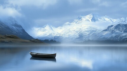 Solitary boat, tranquil lake, snow-capped mountains, misty morning, travel poster
