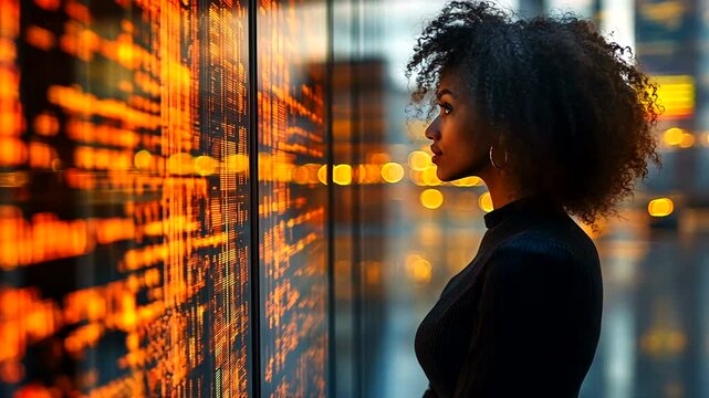 Enigmatic gaze Woman peers into the digital abyss illuminated by glowing data