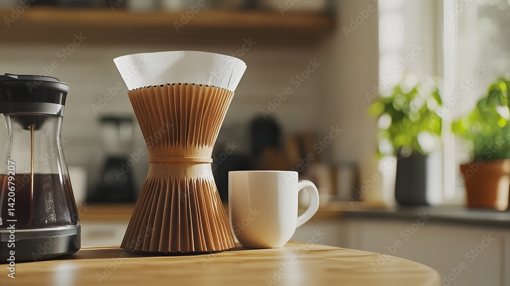 Poster stylish coffee maker and cup on a countertop highlighting reusable coffee filters for sustainable br