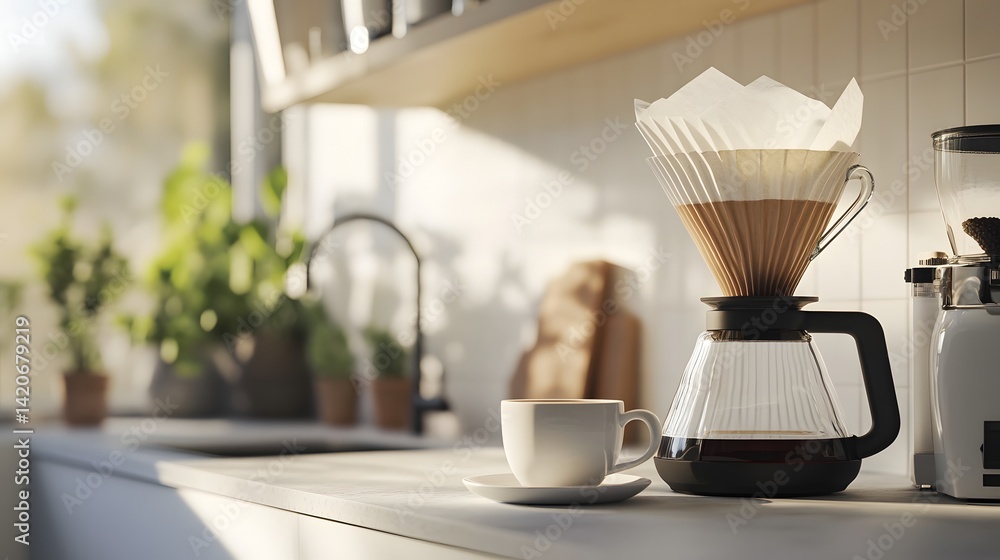 Poster elegant coffee maker with a cup on a countertop highlighting the convenience of reusable coffee filt