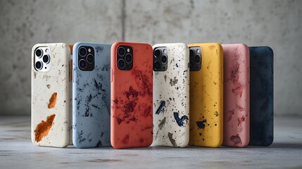 Four distinct colored cases displaying their decomposable features in a bright and informative setting for eco-conscious consumers