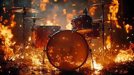 Drum Set Bathed In Fire Vibrant Musical Image Instrumentalist Photo Performance Art