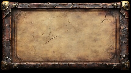 Aged parchment map, leather-bound frame