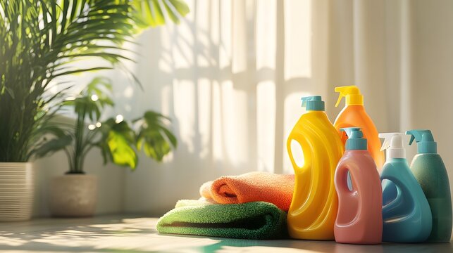 Collection of eco-friendly cleaning supplies displayed together to promote sustainable practices for a healthier home environment