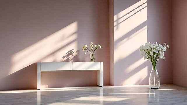 Minimalist room with sunlight shadows, console table, and decorative vases