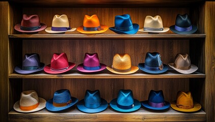 Assortment of colorful hats on wooden shelves