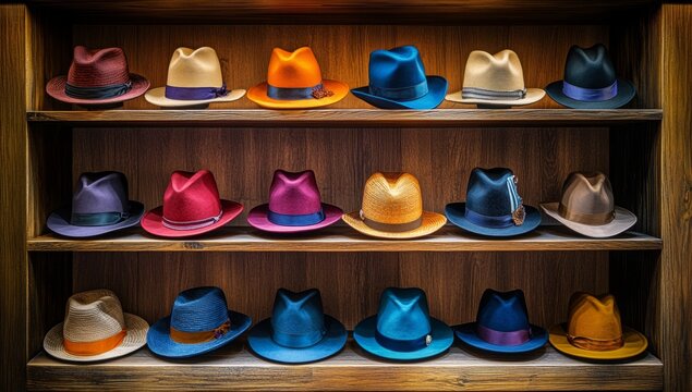 Assortment of colorful hats on wooden shelves - Powered by Adobe