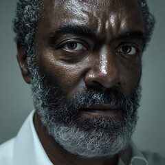 Fototapeta premium Bold Direct Camera Shot Featuring Expressive Face with Wise Brown Eyes and Short Gray Curly Hair