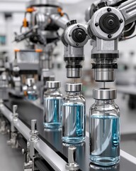 Advanced Robotic Arms in Pharmaceutical Production of Clear Liquid Bottles on Assembly Line