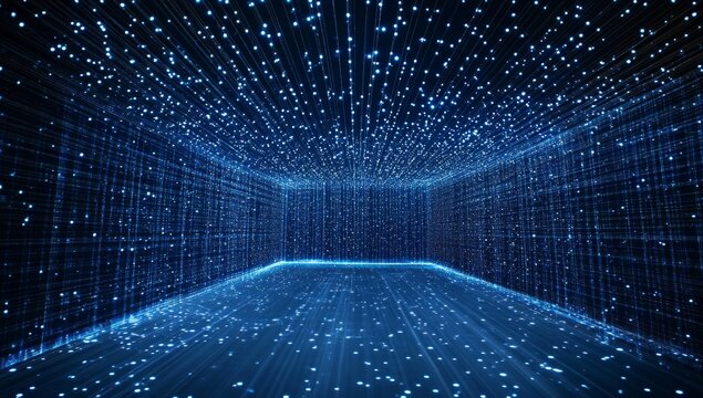 Digital data stream in a dark space.  Light trails and particles fill a cubic area