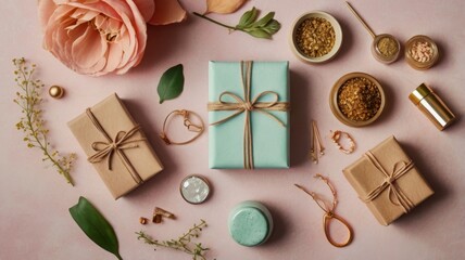 Top-down flat lay of DIY gift ideas including handmade jewelry, natural skincare products, and creative crafts. &mdash; ideal for Mother's Day, birthdays, or holiday content.