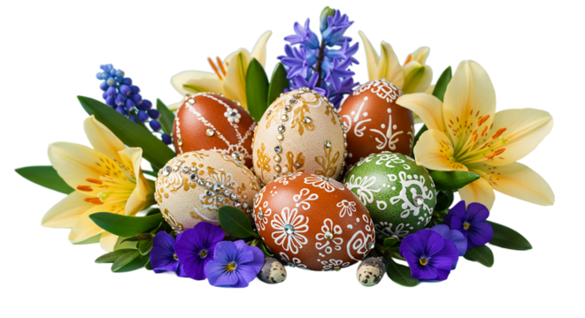  stunning and elaborate arrangement of decorated Easter eggs nestled among vibrant spring flowers like lilies and hyacinths for a festive centerpiece. - Powered by Adobe