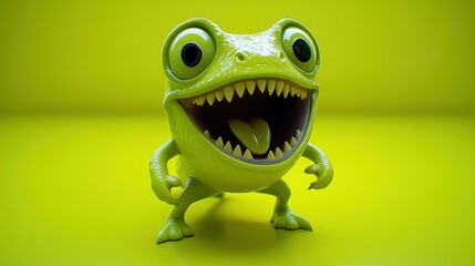 Fototapeta premium Green cartoon monster with large mouth and menacing teeth