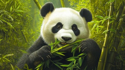 Obraz premium A large panda bear happily eats some fresh bamboo shoots
