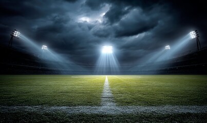 Illuminated stadium at night under stormy clouds
