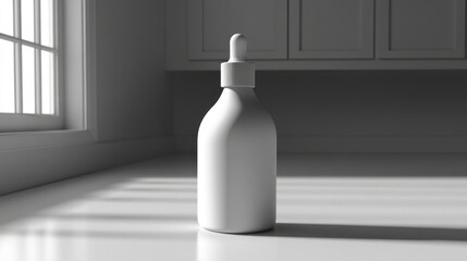 A white cosmetic bottle with dropper sitting on a surface