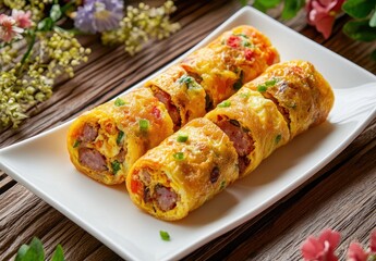 Delicious Rolled Omelette with Sausages and Colorful Vegetables on a White Plate Surrounded by Fresh Flowers and Natural Wood Table