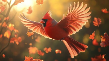 Red cardinal in flight amidst autumn leaves