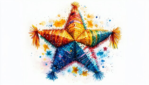 Vibrant five-pointed star pi&ntilde;ata illustration for festive occasions, perfect for parties, celebrations, or las posadas events. Cheerful and whimsical design.