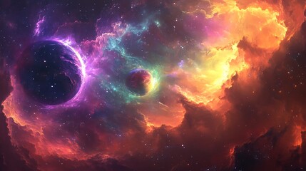 Obraz premium Colorful Planets in a Vibrant Nebula, Two planets in a colorful nebula with vibrant pink, orange, and blue hues