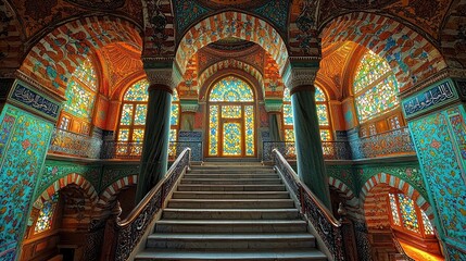 Obraz premium Majestic interior of a colorful palace with ornate arches and stained glass