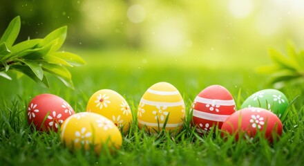 Patterned Easter eggs in bright grass under fresh leaves