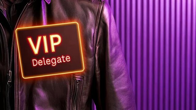 Glowing VIP delegate badge on leather jacket, exuding exclusivity and vibrant style.