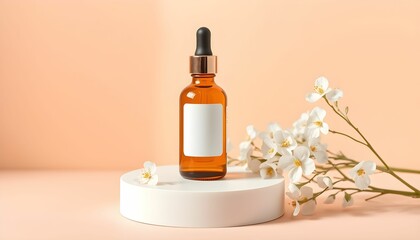 Amber glass bottle, essential oil dropper, white delicate flowers, cream-colored circular platform, soft peach background, minimalist product photography, cosmetic still life