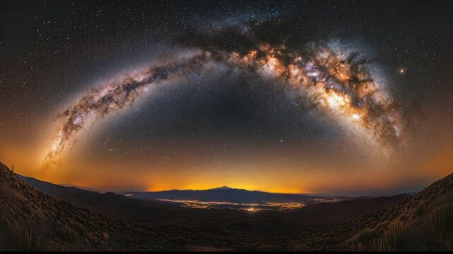 Panoramic Milky Way arching over a mountain landscape at sunset