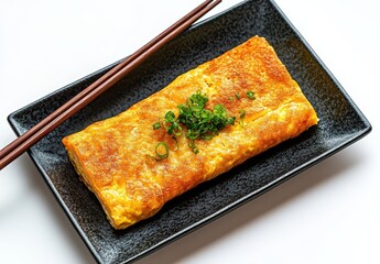 Golden Omelette Served on a Black Plate with Chopped Green Onions and Natural Light Emphasizing Texture and Color of Asian Cuisine Delicacy