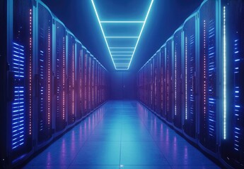 Fototapeta premium Bright futuristic server room with glowing violet, blue, and white lights under a geometric ceiling. Great for IT ads, tech branding, data management, and cloud infrastructure visuals