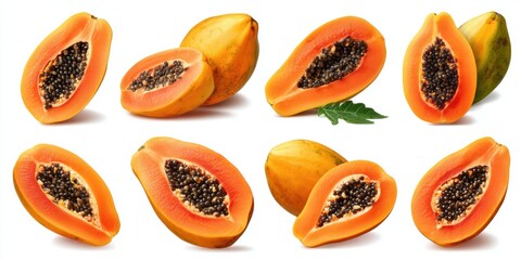 Close-up of a papaya fruit cut and sliced in half, showing vibrant orange flesh and black seeds.