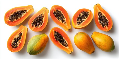 Several halved papanas arranged on a wooden table with natural lighting, close-up food display.