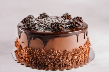 Decadent chocolate cake with rich frosting and shaved chocolate toppings on a silver platter.