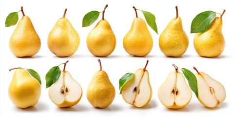 Close-up of fresh green pears with leaves on a white background, perfect for healthy food or nature themes.
