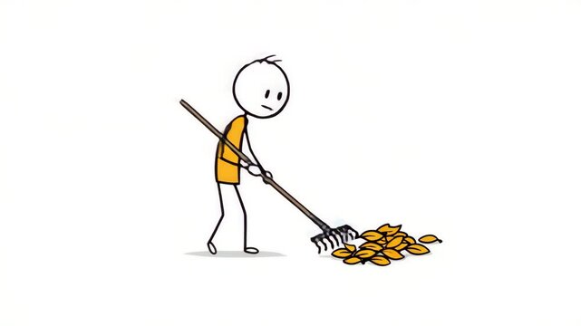 Stick figure raking leaves autumn seasonal home maintenance illustration