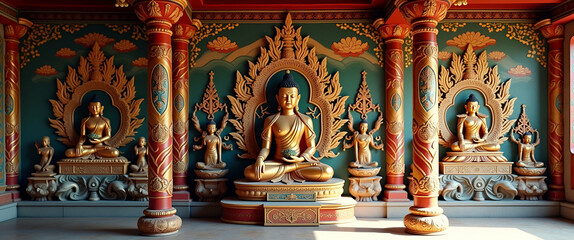 Fototapeta premium Exquisite Buddhist Art: Detailed Sculptures & Vibrant Murals Reflecting Spiritual Symbolism & Cultural Heritage - Photo Stock Concept