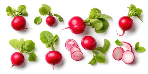Close-up of fresh red radishes with green leaves on a clean white surface, bright natural lighting.