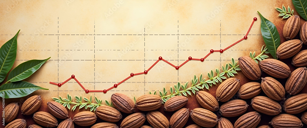Poster photo realistic cocoa pods with horizontal chart on whimsical background - symbolizing steady cocoa 