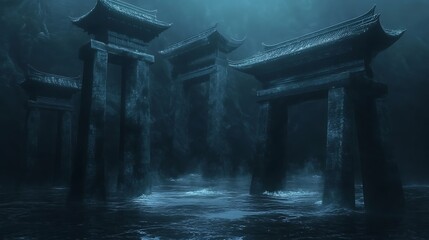 Obraz premium Mysterious underwater structures resembling ancient gates, shrouded in darkness and water.
